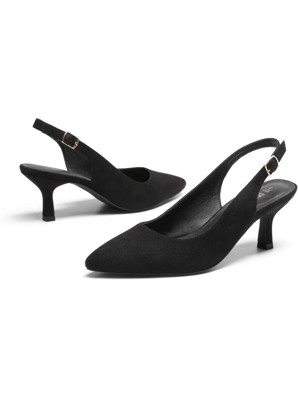 Dream Pairs Women's Black Suede Pointed Toe Faux Leather Kitten Slingback Heels